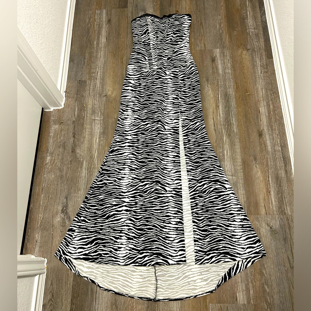 NICOLE BAKTI Women's Black White Zebra Strapless Corset Gown Maxi Dress Size S